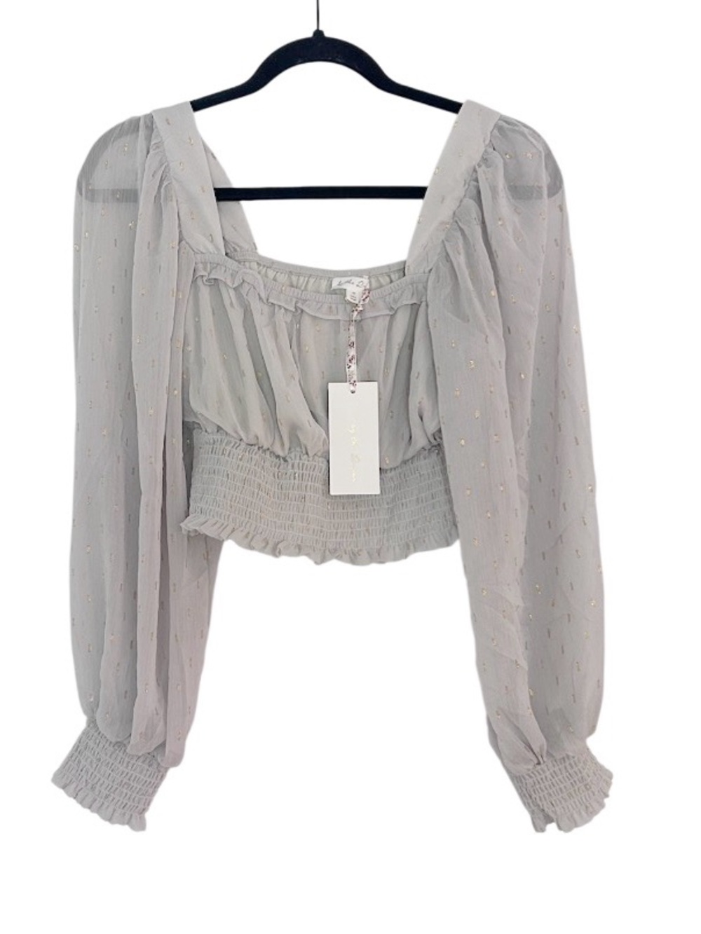 Blue Pepper By The River Top Medium Gray and Gold Metallic Foil Dot Smocked Crop